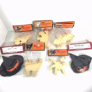 8 Unpainted Halloween Wooden Craft Figures Bonus 2 Witch Hats Bats Ghost Cat